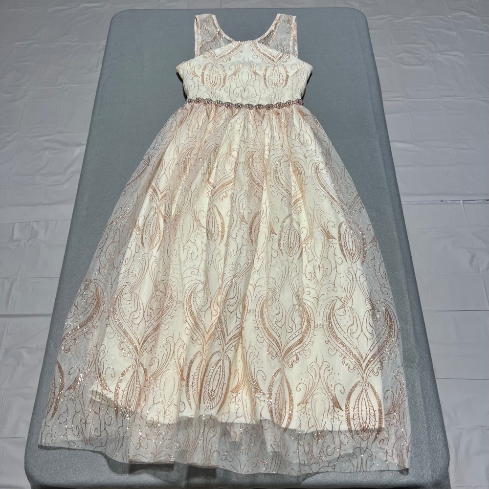 Rare Editions Girls 14 Rose Gold Glitter Damask Rhinestone Formal Gown Dress